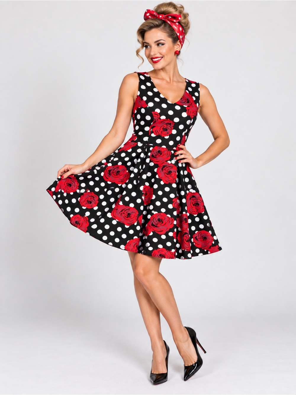 Bridesmay Black Polka Dot Red Rose Rockabilly Pinup Sleeveless Swing Dress Sz MD